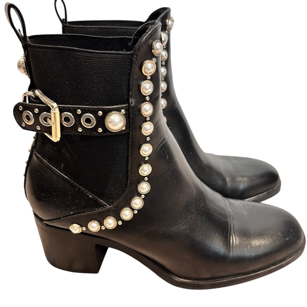 Zara Black Botin Pearl Studded Ankle Boots Buckle, 36, Punk-Glam NEW